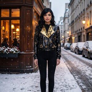 Cache Small Black Gold Sequin Star Embellished Silk Bomber Jacket Vintage